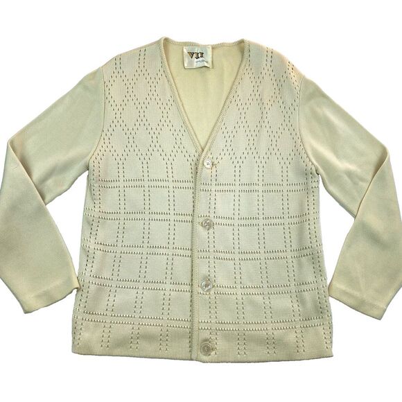 Vintage 1970s Venice Industries Men's Size Medium Grandpa Cardigan Sweater Ivory - Picture 1 of 7